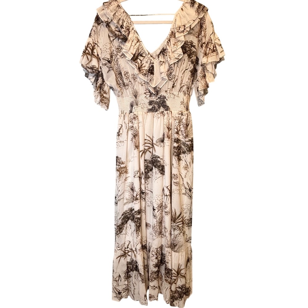 NWT Sandro Paris Natural Marro Ruffled Printed Gauze Midi Boho Dress Size 36/4 - Picture 3 of 8